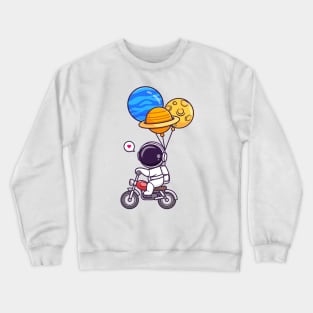 Cute Astronaut Riding Motorcycle With Planet Balloon Cartoon Crewneck Sweatshirt